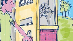A cartoon drawing of a man opening a door