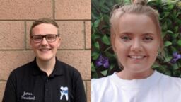 Two stitched profile images of male and female dental students