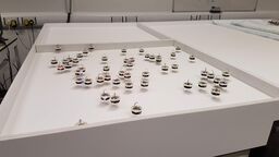 Kilobots on a table congregating in a group.