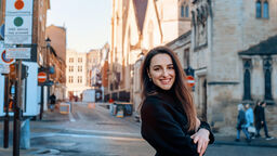 Photograph of Xhuljana in the centre of Sheffield