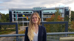 Politics student Joanna in front of the Headquarters of medical tech company B.Braun where she did her placement