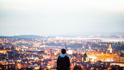 A photo of a person on a hill looking out above a cityscape lit at dusk.