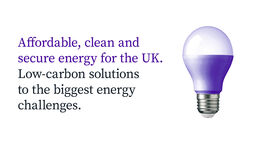 A lightbulb alongside text which reads 'Affordable, clean and secure energy for the UK. Low-carbon solutions to the biggest energy challenges.'