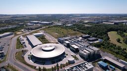 An aerial view of the University of Sheffield Innovation District featuring the Factory 2050 building