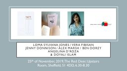 Centre for Poetry and Poetics, Sheffield, Presents: Loma Sylvana, Vera Fibisan, Jenny Donnison, Alex Marsh, Ben Dorey, Angelina D'Roza and Doyali Islam 