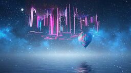 Futuristic image of an air balloon floating over an imaginary landscape
