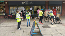 The urban room, Live Works, showing students interacting with the public in the forecourt outside the Urban Room