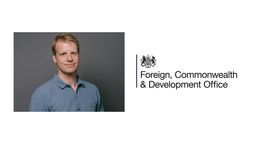 Tom Goodfellow next to the logo for the Forgeign, Commonwealth and Development Office