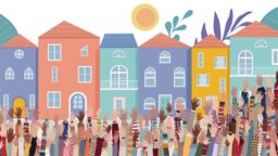 A graphic of many hands raised in front of various colour buildings
