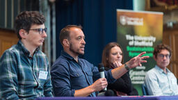 Matt Watson, Director of Research and Innovation speaking at The University of Sheffield Sustainability Symposium alongside a panel featuring Aimee Ambrose, Professor of Energy Policy at Sheffield Hallam University; Alex Chapman, Senior Economist at New Economics Foundation, and our Research Fellow in Sustainability Assessment, Stuart Walker.