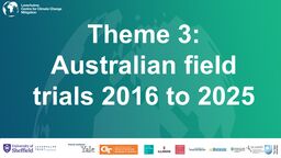 A green slide with the LC3M green globe logo in the top left corner, with large white text reading "Theme 3: Australian field trials 2016 to 2025"