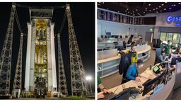A collage of two images showing the satellite and ESA mission control