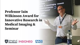 Image graphic with a photo a a balm man wearing dark rimmed glasses and a white shirt talking with both arms outstretched. Text: Professor Iain Wilkinson Award for Innovative Research in Medical Imagine & Seminar