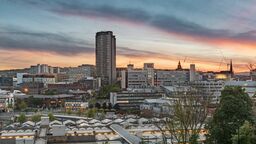 Sheffield City centre skyline at dusk.