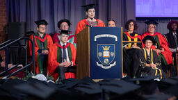 Playwright Lucy Prebble gives a speech whilst receiving her Honorary Doctor of Letters at the University of Sheffield.