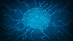 Artistic graphic design of a brain shaped circuit in light blues agains a dark blue backkground