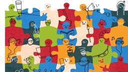 Colourful graphic featuring jigsaw with children doing different activities