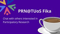PRN logo and coffee cup with the text 'chat with others interested in participatory research '