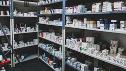 Pharmacy shelves with medicines