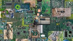 A composite image of landscape made out of circuit boards