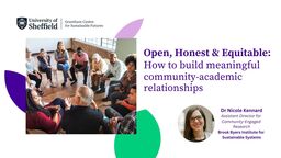 Event poster featuring an image of a community group talking, sat down in a circle. The title event "Open, Honest & Equitable: How to build meaningful community-academic relationships" is written above a profile photo of the speaker, Dr. Nicole Kennard 