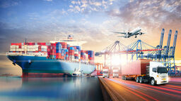 Montage with cargo ship, airplane and truck 