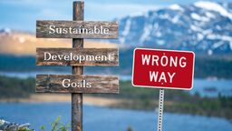 A wooden sign which reads "Sustainable Development Goals" in the foreground in front of a stunning landscape featuring a lake and a mountain