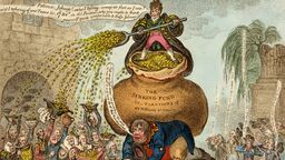 Cropped drawing about taxation, featuring a man stood on top of a large bag of coins, on top of a person’s back.