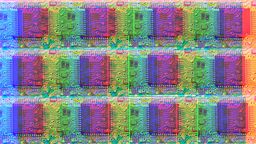 A series of computer chips in rainbow colours