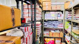 Medical supplies on warehouse shelves
