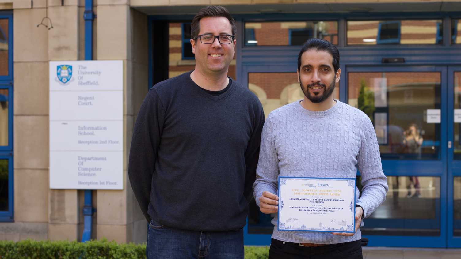 Thumbnail for PhD student Ibrahim Althomali and Professor Phil McMinn of the Department awarde…
