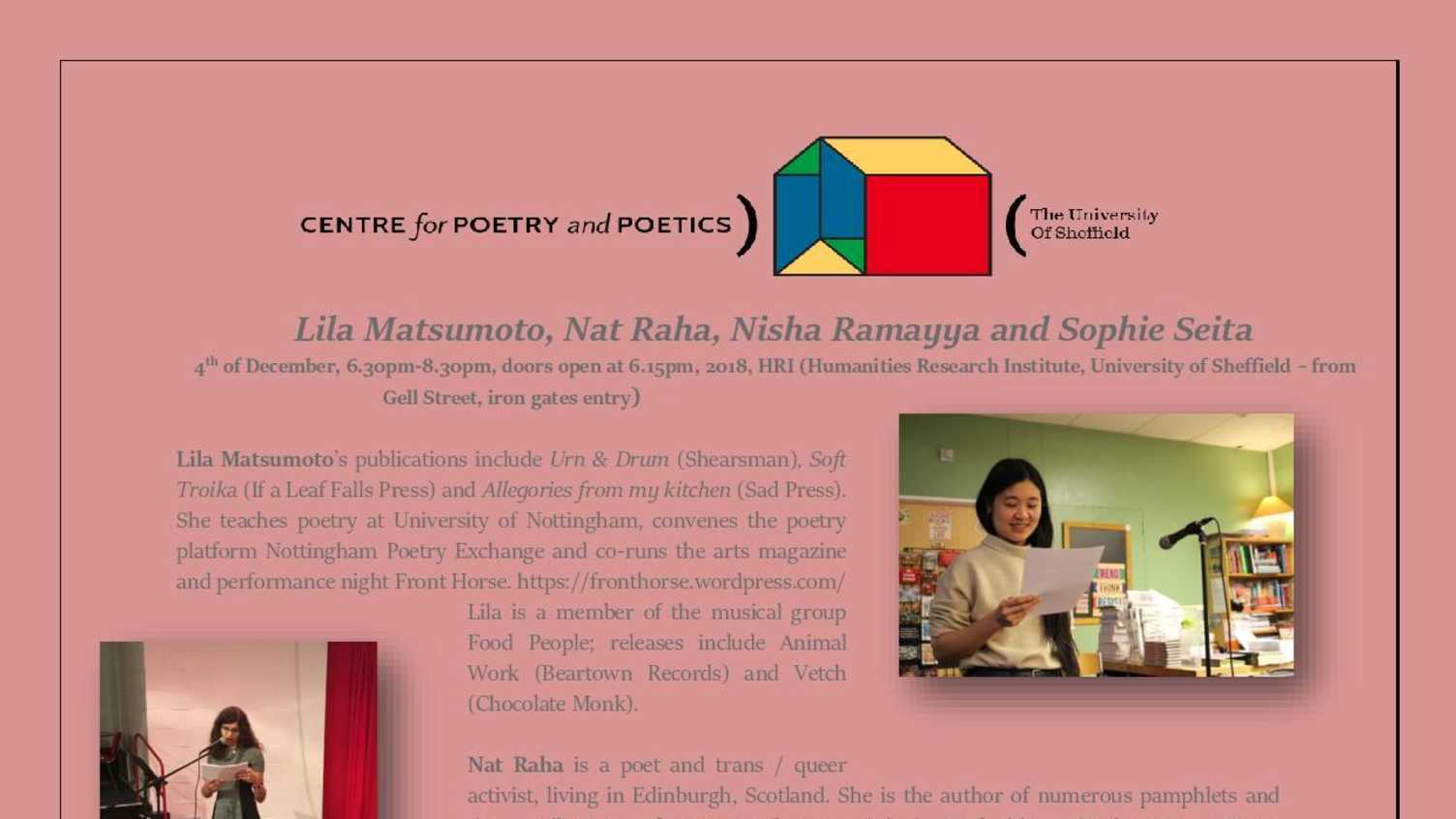 Thumbnail for Centre for Poetry and Poetics, Sheffield, Presents: Lila Matsumoto, Nat Raha, Ni…