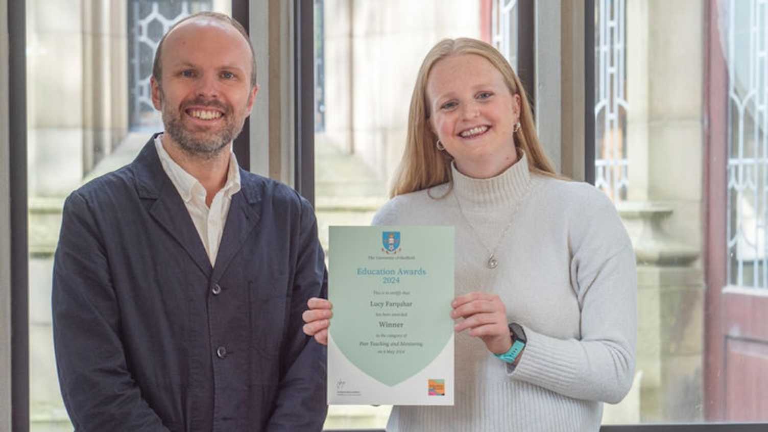Thumbnail for PhD student awarded the staff award for 'Peer Teaching & Mentoring' at The Unive…